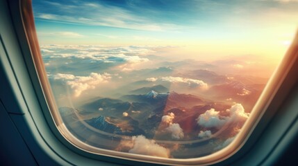 Beautiful landscape view from the airplane illuminator window. Travel concept background