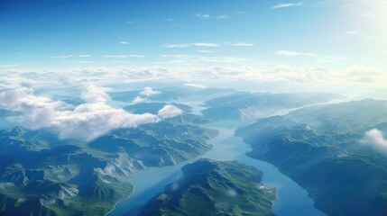 Beautiful landscape view from the airplane illuminator window. Travel concept background