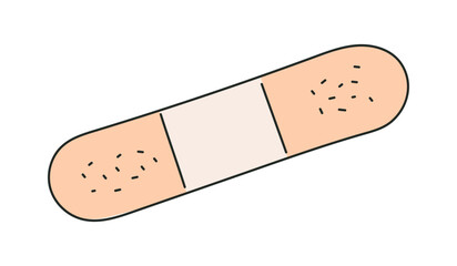 Isolated Plaster in Doodle style. Medical patch. Quick first aid for bruises. Beige Band-Aid. One item on a white background. Color image with outline. Vector illustration.