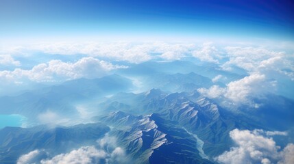 Beautiful landscape view from the airplane illuminator window. Travel concept background