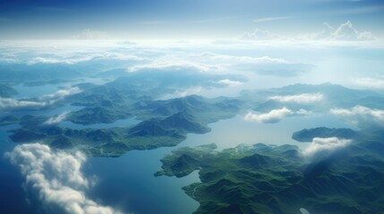 Beautiful landscape view from the airplane illuminator window. Travel concept background