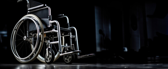 Alone in the Darkness: An empty wheelchair isolated on a black canvas, conveying a sense of solitude and the challenges faced in the absence of mobility - obrazy, fototapety, plakaty