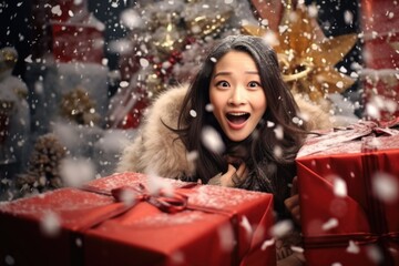 An image of an Asian woman joyfully surprised, hugging a large gift, radiating happiness and genuine excitement