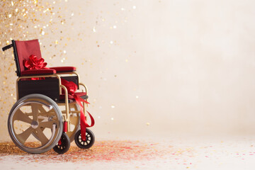 A photo featuring a wheelchair adorned with Christmas lights, symbolizing the illuminating power of inclusion and unity during the holidays, banner, copyspace