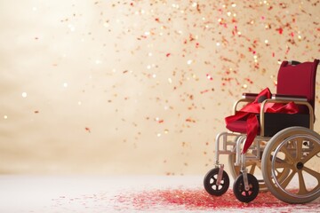 A wheelchair surrounded by Christmas elements, a visual representation of accessibility and the holiday spirit, promoting equality and celebration, banner, copyspace
