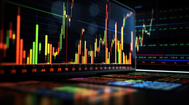 Close-up of a financial trading screen displaying market data with various colored candlestick charts, numerical values, and trend lines indicating stock performance.