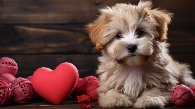 A cute lover valentine havanese puppy dog with a red heart isolated white background. generative ai