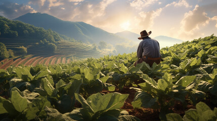Farmer crouching down in a field, tending to plants with sunlight streaming through the foliage. - obrazy, fototapety, plakaty