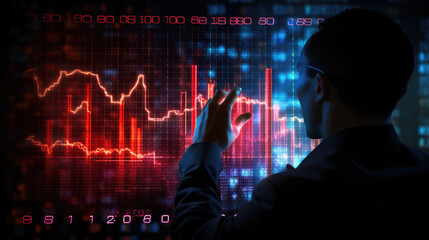 Person in a business suit pointing at a futuristic digital stock market chart, indicating various data points and trends.