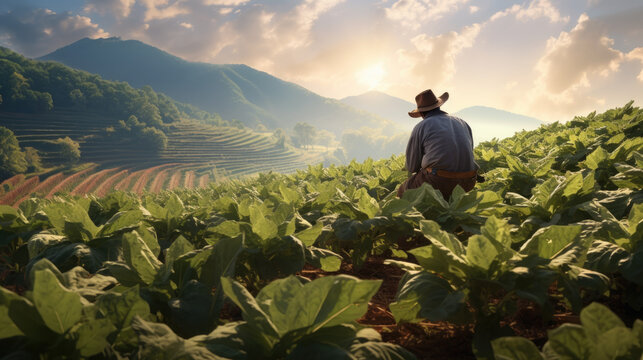 Farmer crouching down in a field, tending to plants with sunlight streaming through the foliage.