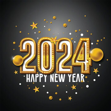 Vector happy new year 2024 greeting card with golden text balls and stars on balck background