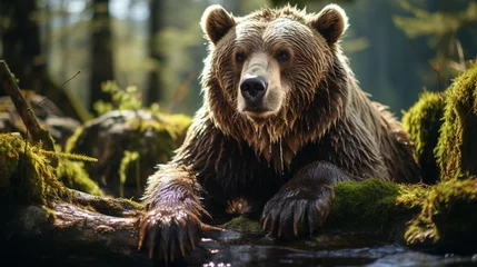 Foto op Aluminium A brown bear in the forest. Wild Brown Bear Ursus Arctos. Animal in natural habitat. generative ai © Witri