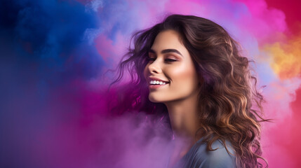 Portrait of young european fashionable female model, shot from the side, smiling, looking to the side, vibrant smoke bomb background