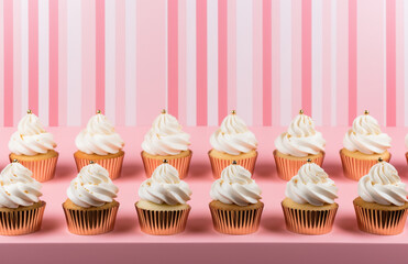 creamy cupcakes in line on pastel pink a background with copy space