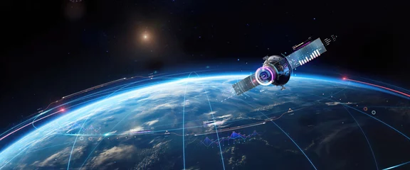 Foto auf Acrylglas Universum telecom communication satellite orbiting around the globe earth with futuristic technology datum hologram information for online and internet connection and gps space orbit services banner