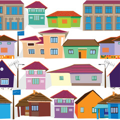 Rows of colorful village houses seamless pattern