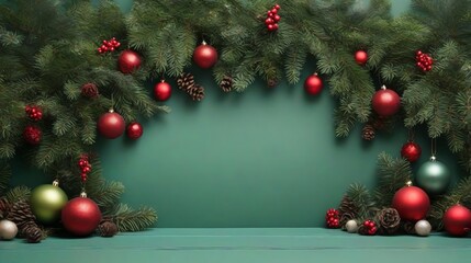 Fototapeta na wymiar Background top table scene with red and green Christmas balls decoration and spruce branches on green background.