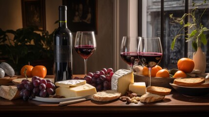 still ife, bottles of wine, large granite kitchen counter top with baked cakes, a cheeseboard with a selection of cheese, french breads and bunches of grapes, 16:9