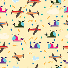 Kids seamless vector pattern with airplanes and helicopters on blue background