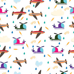 Kids seamless vector pattern with airplanes and helicopters on yellow background