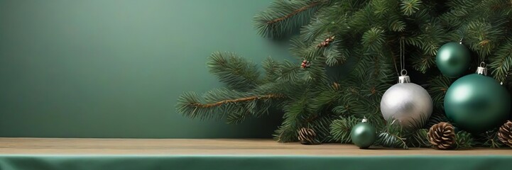 Background top table scene with red and green Christmas balls decoration and spruce branches on green background.