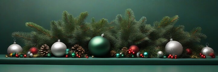 Background top table scene with red and green Christmas balls decoration and spruce branches on green background.