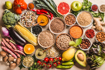 Healthy food various vegetables and fruits, cereals, spices background, vegan food. Organic food clean eating concept. - obrazy, fototapety, plakaty