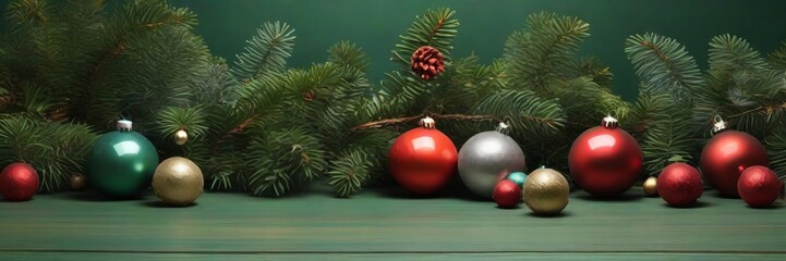 Background top table scene with red and green Christmas balls decoration and spruce branches on green background.