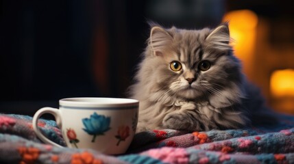 Cute cat sitting near cup and bakery in cozy home interior wallpaper background