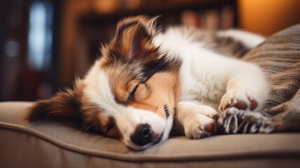 Cute dog sleeping resting at cozy home wallpaper background