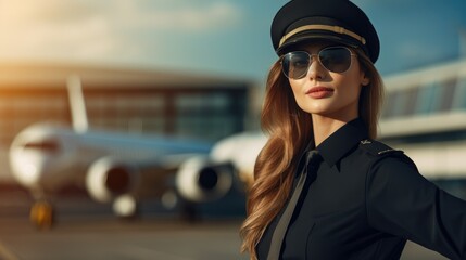 Woman professional pilot airport officer wallpaper background - obrazy, fototapety, plakaty