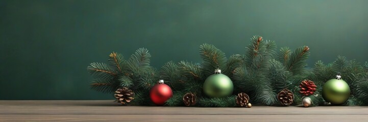 Background top table scene with red and green Christmas balls decoration and spruce branches on green background.