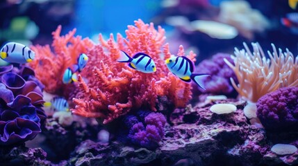 Naklejka na ściany i meble Sea coral reef with close up fish wallpaper background