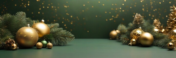 Fototapeta na wymiar Background top table scene with gold Christmas balls decoration and spruce branches on green background.