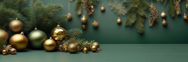 Obraz na płótnie Canvas Background top table scene with gold Christmas balls decoration and spruce branches on green background.