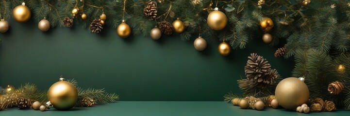 Background top table scene with gold Christmas balls decoration and spruce branches on green background.