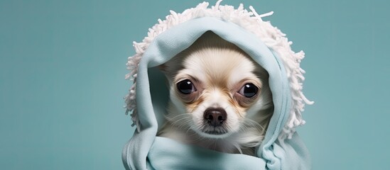A chihuahua paws on head covering ears cute Copy space image Place for adding text or design - obrazy, fototapety, plakaty