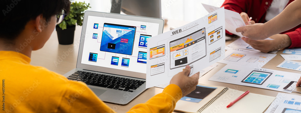 Wall mural panorama banner of startup ux developer or company employee design user interface or ui prototype fo