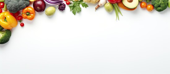 Abstract composition of fruits and vegetables on wallpaper Vegetable pattern Healthy food concept Isolated vegetables top view Copy space image Place for adding text or design