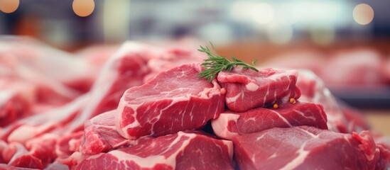 Assortment of fresh organic raw red meat in a supermarket s meat department Copy space image Place for adding text or design
