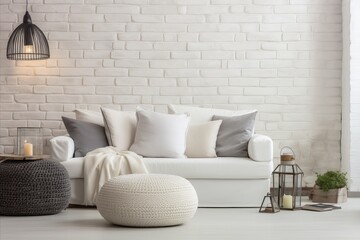 White Knitted Pouf Near Sofa - Minimalist Living Room Design with Cozy White Palette and Modern Wall Art