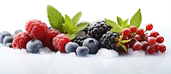 Assorted frozen fruits and melissa herbs Copy space image Place for adding text or design