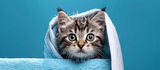 Adorable wet tabby kitten wrapped in towel after bath with big eyes Copy space image Place for adding text or design - obrazy, fototapety, plakaty