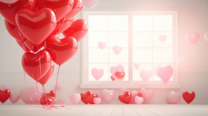 Red heart-shaped balloons in front of a window with heart reflections