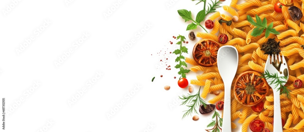 Poster A white background with an isolated fork maccheroni pasta mushrooms tomatoes and herbs seen from above Copy space image Place for adding text or design