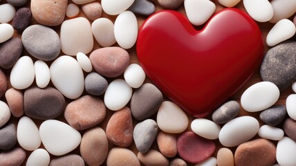 A shiny red heart stone centered among smooth multicolored pebbles