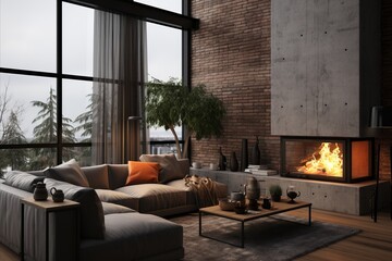 Scandinavian Rustic Living Room with Grey Sofa and Wooden Coffee Table by Fireplace