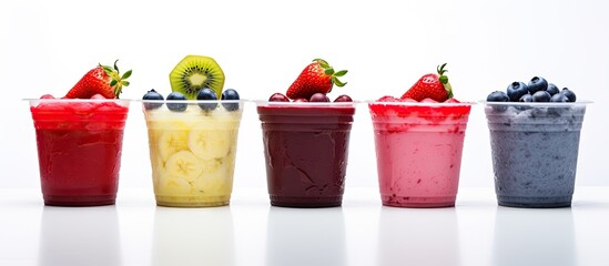 Assorted fruit smoothies in plastic cups isolated on white background Copy space image Place for...
