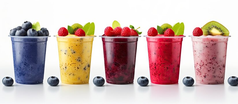 Assorted fruit smoothies in plastic cups isolated on white background Copy space image Place for adding text or design