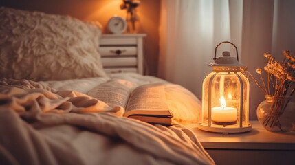 
Cozy bedroom ambiance with an open book, a lit candle lantern, and a vase of dried flowers on a...